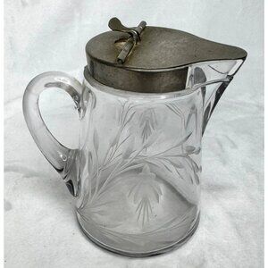 Vintage Glass Syrup Pitcher With Hinged Lid & Etched Floral Design